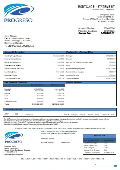 Download Dominican Republic Progreso bank mortgage statement scr Photoshop template